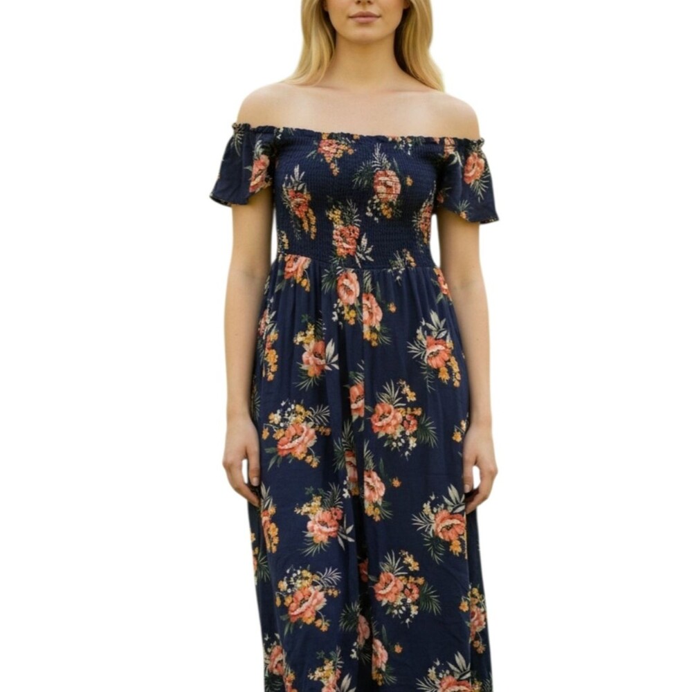 Adam Levine Navy Floral Rayon Strapless Cap Sleeve Midi Dress